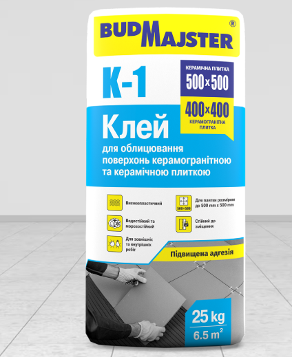 K-1 Клей для облицювання поверхонь керамогранітною та керамічною плиткою 25 кг BUDMAJSTER